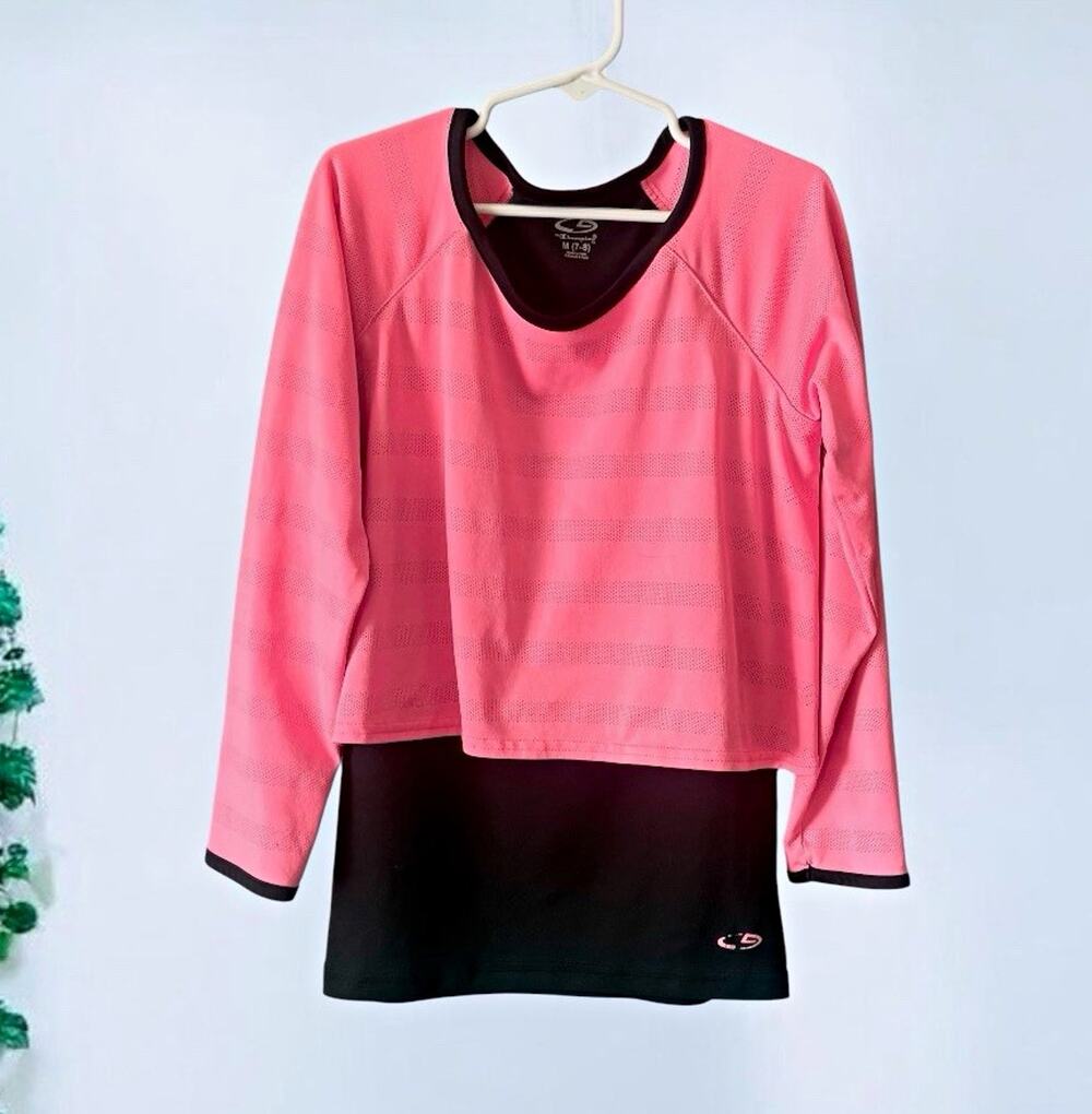 Champion Girls Size M 7/8 Pink Mesh Layered Activewear Long Sleeve Shirt Gym